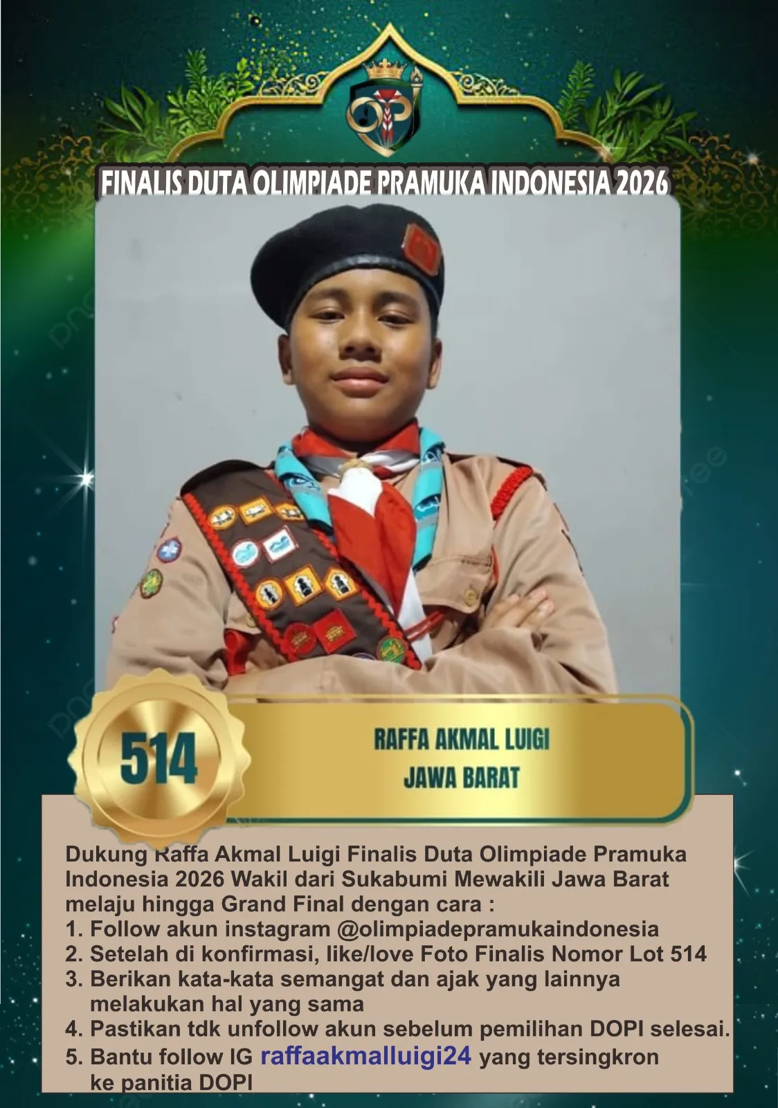 Melaju ke Sesi 2, Yuk Dukung Raffa Akmal Luigi Wakil Sukabumi Jadi Juara Favorit Duta Olimpiade Pramuka Indonesia 2026!